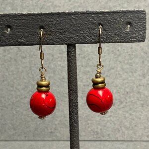Dangle Pierced Earrings Red Ball Silver Swirled Retro Vintage Classic Rockabilly